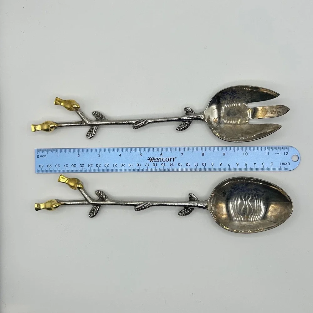Vintage Style Bird on Branch Salad Server Set Silver Gold Tone Spoon and Fork